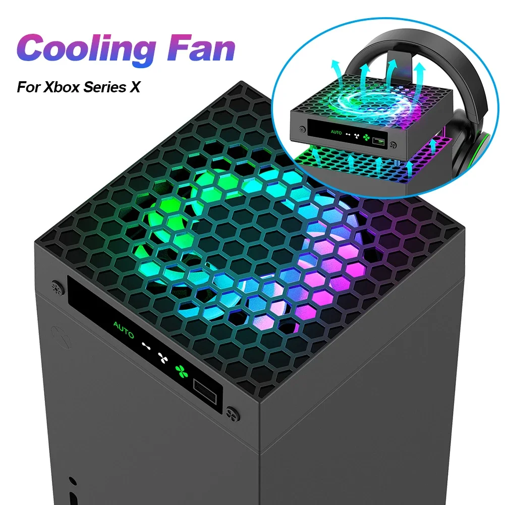 RGB 탑 쿨러 선풍기, 온도 제어 냉각 선풍기 시스템, Xbox 시리즈 X용 헤드셋 홀더 포함, 3 단계 속도 조절 가능