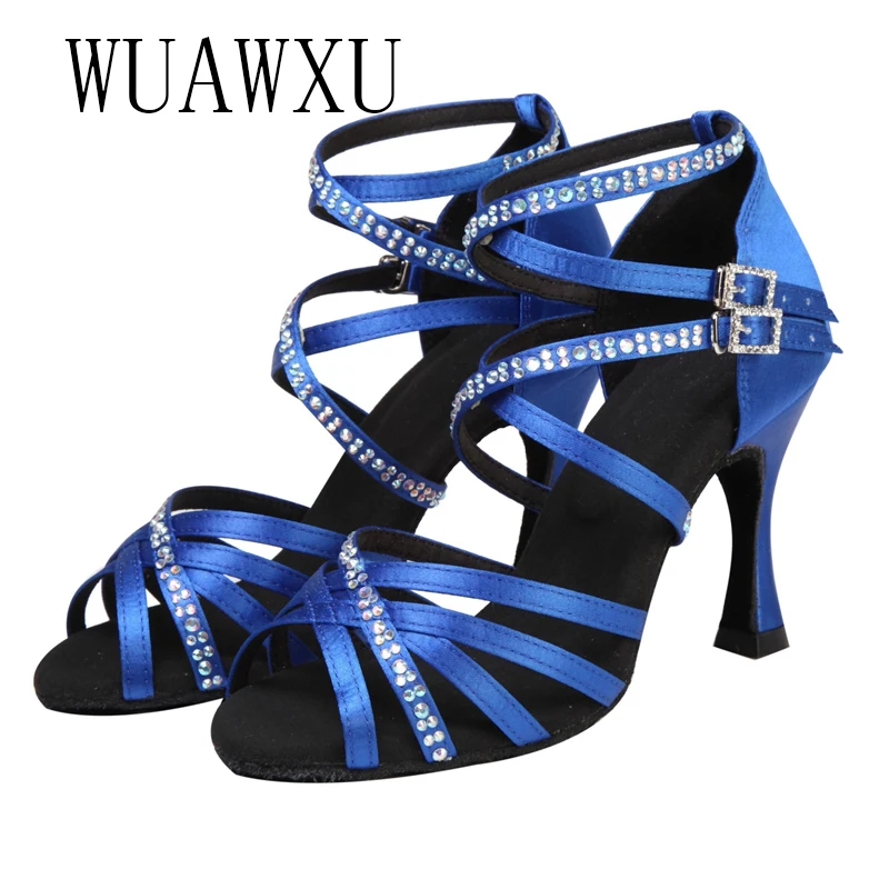 NATASHA 2023 New Latin Dance Shoes Inlaid with Diamond Satin Blue 9cm High Heel Female Adult Soft Sole Social Dance Cha Rumba De