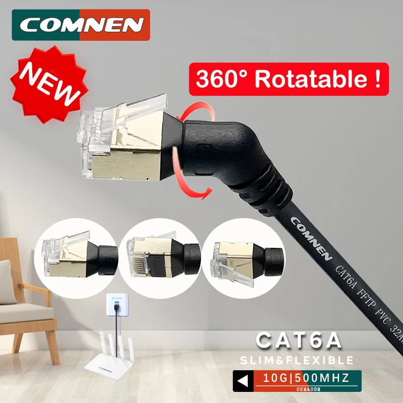 Фото COMNEN CAT6a rj45 кабель 360 ° вращающийся короткий Ethernet Патч-корд 0,2-5 м Lan тонкий кабель Rj45 соединитель 10G UTP/FTP для ПК PS4/5 №1