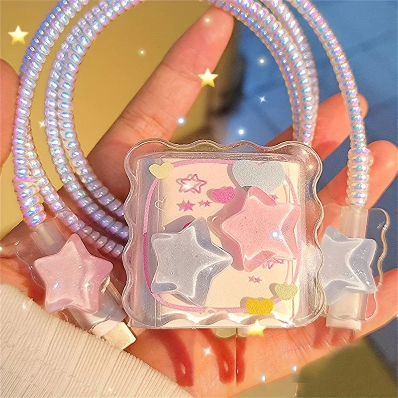 Kawaii Cute 3D Star Love Heart Wave Border USB Protector Cover for IPhone 18/20W Data Line Head Cord Fast Charging Case