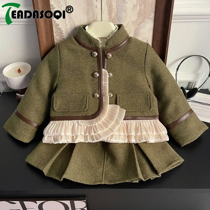 

2-8Y Children Girls Clothes Set Winter Autumn Cotton Padded Kids Jacket+Skirt Thick Fleece Bottoming Shirt Girl Outfits 2Pcs Set
