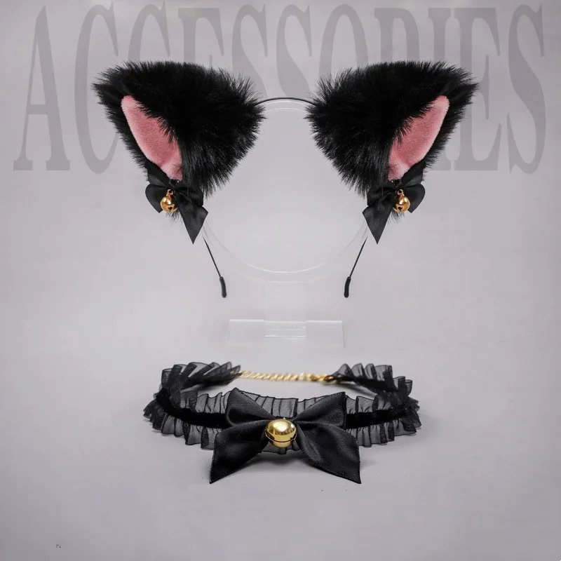 

1Set Plush Cat Ears Headband for Women Girls Lace Bow Necklace Bell Hairband Cosplay Lolita Masquerade Party Hair Accessories