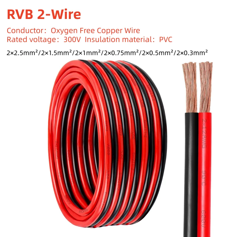 High-Quality Flat Twin Red/Black 2-Wire Electric Cable Strand - Various Gauge Options