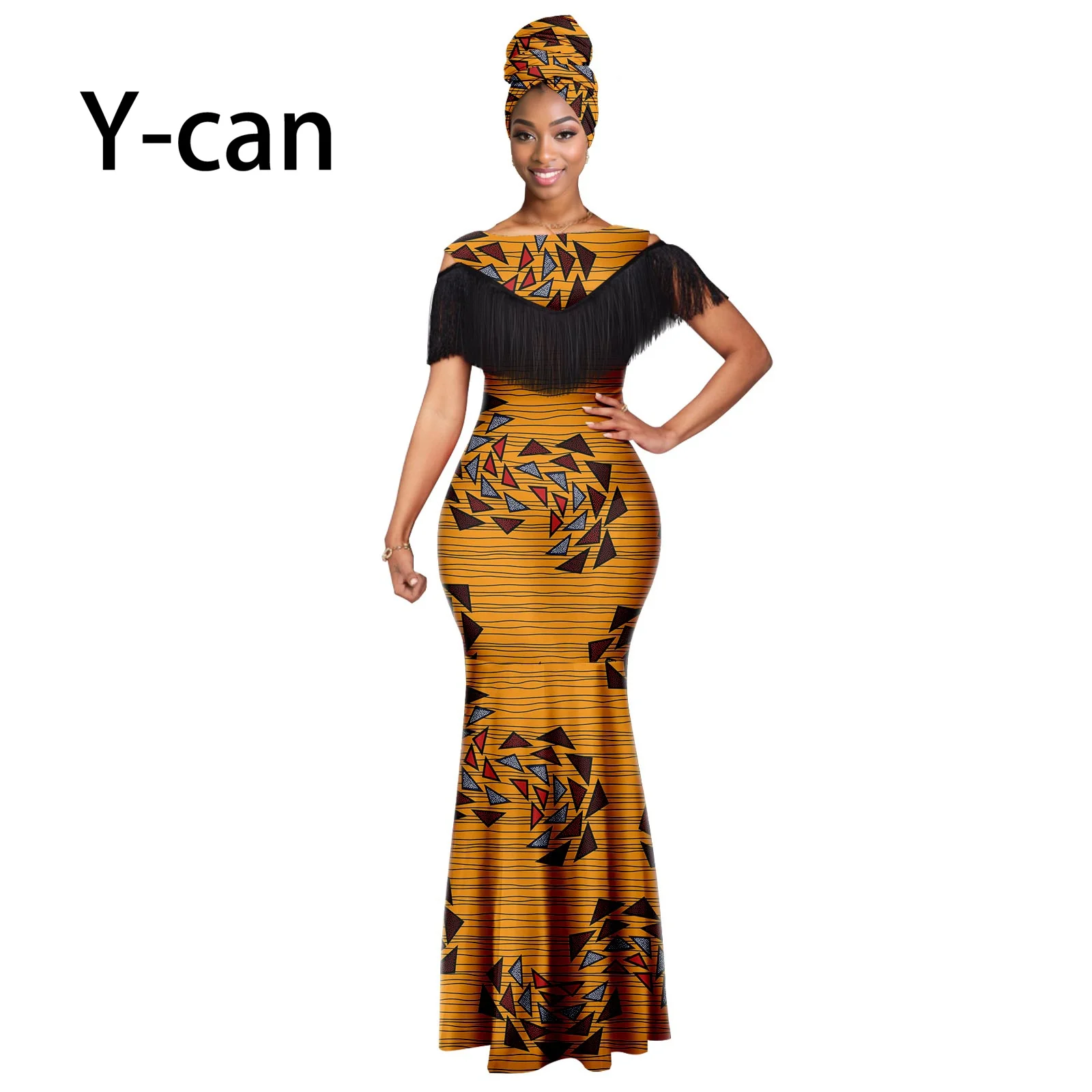 

African Dresses for Women Evening Prom Tassel Sleeve Bazin Riche Ankara Print Long Mermaid Vestidos Wedding Causal Wear Y2325102