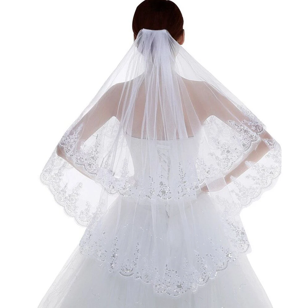 Bridal Veil Women Short 2 Tier Lace With Comb Appliqued Sequin Lace Edge