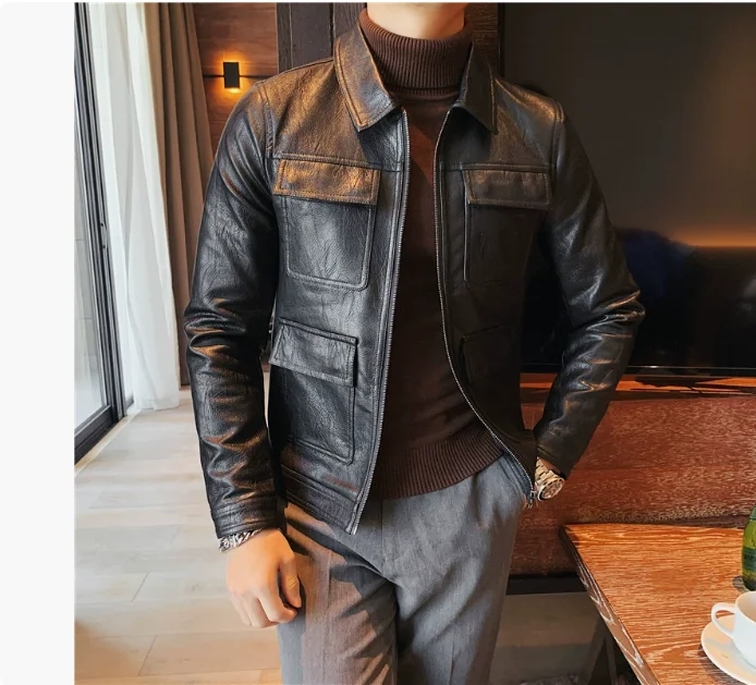미니 슬림핏 버튼 PU 재킷 남성용 모터사이클 가죽 재킷