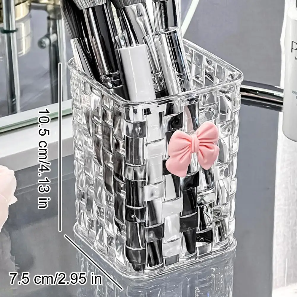 Organizer da scrivania in acrilico trasparente con fiocco decorativo - Portapenne e cestino portaoggetti resistente per forniture da ufficio, penne e accessori - immagine 5