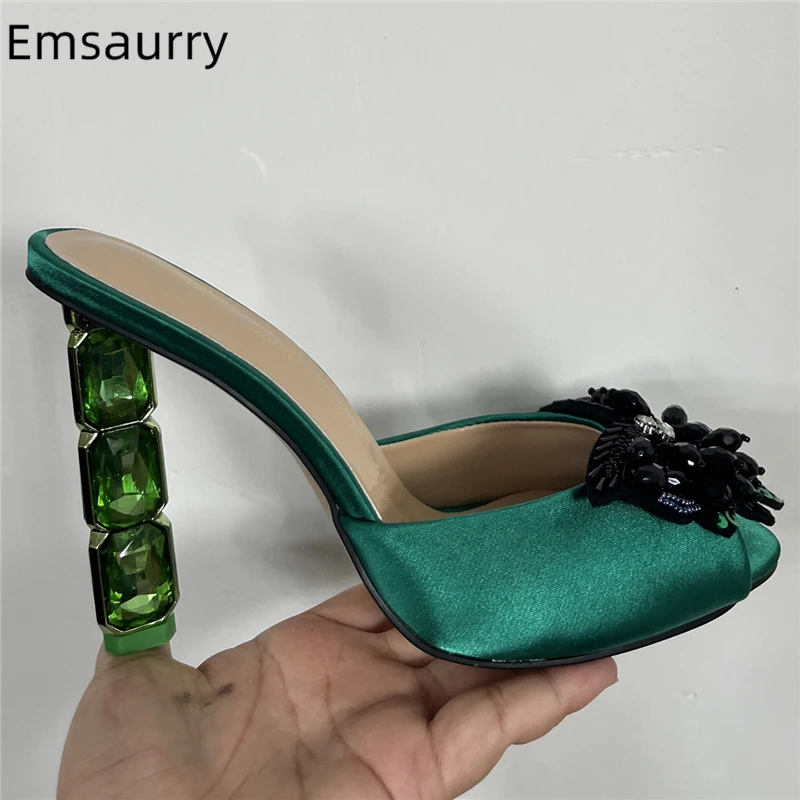 

Diamond Beads Butterfly-Flower Sandals Women Luxury Satin Slingbacks Rhinestone Crystal High Heel Summer Mules