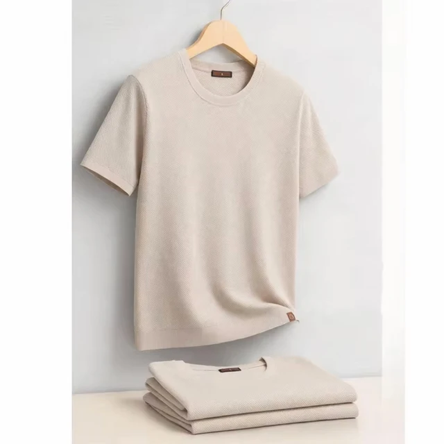 Nouveau T-shirt d'été pour homme à col rond, coupe européenne, couleur unie fluide, manches courtes, haut décontracté - PSD8000 1
