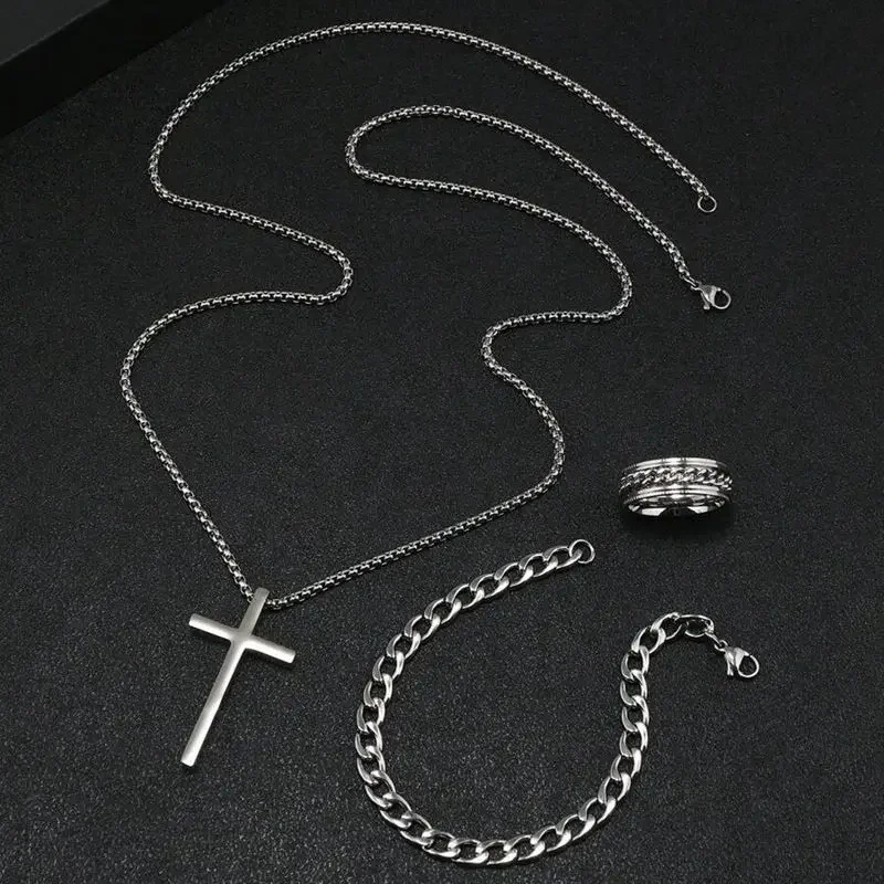 3pcs Stainless Steel Cuban Chain Bracelet Necklace Ring Set for Men