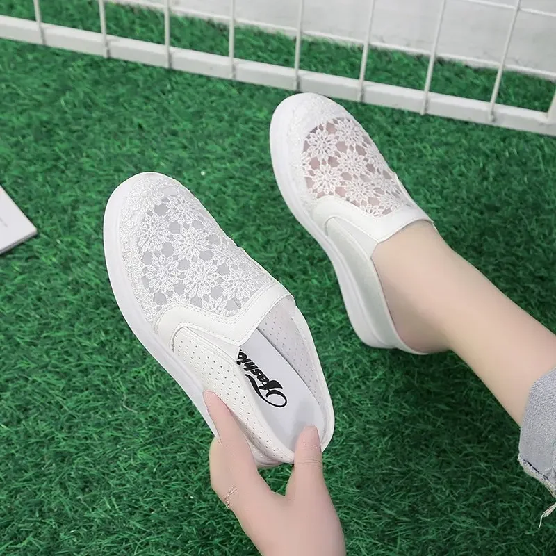 자수 꽃 슬리퍼, 여성 크리퍼 외부 에어 메쉬 뮬 신발, 플랫폼 샌들, 통기성 폐쇄 발가락 슬라이드 플립 플롭 
