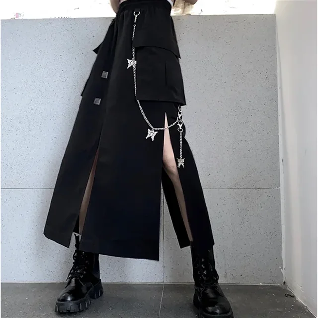 2025 New Spring Autumn Women Skirt Fashion Korean Style Black Long Skirts with Chain Side Slit Hip Hop Streetwear Plus Size 1