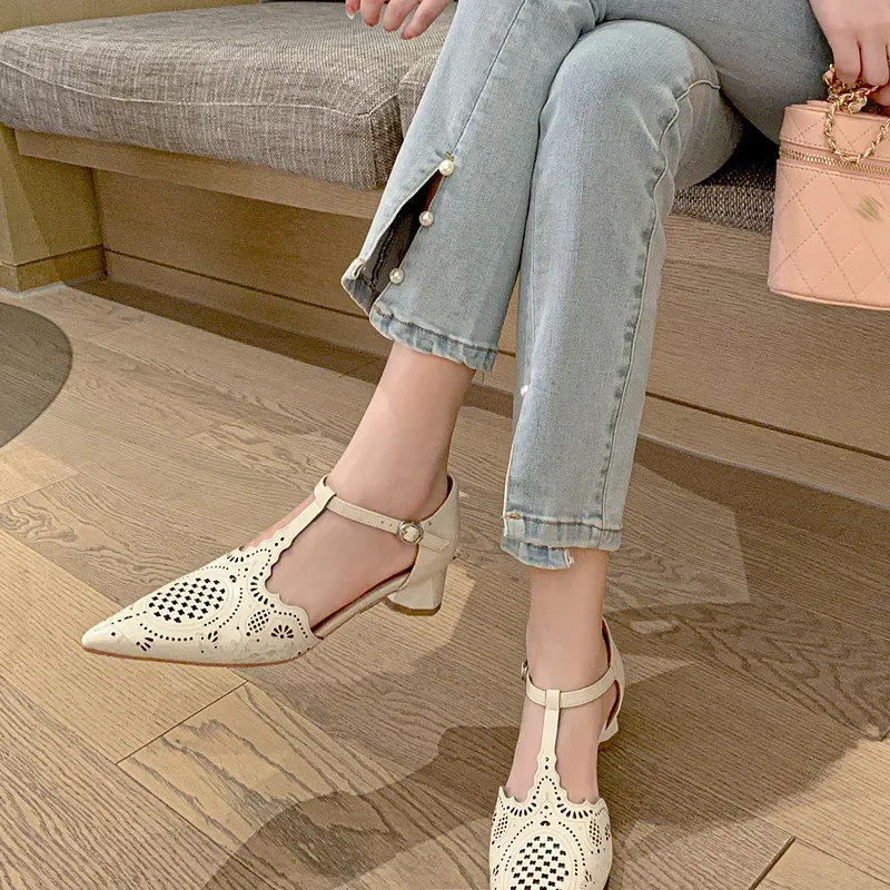 

2024 new summer women sandals natural Leather shoes 22-25cm cowhide+pigskin Pointed toe hollow sandals high heel sandals