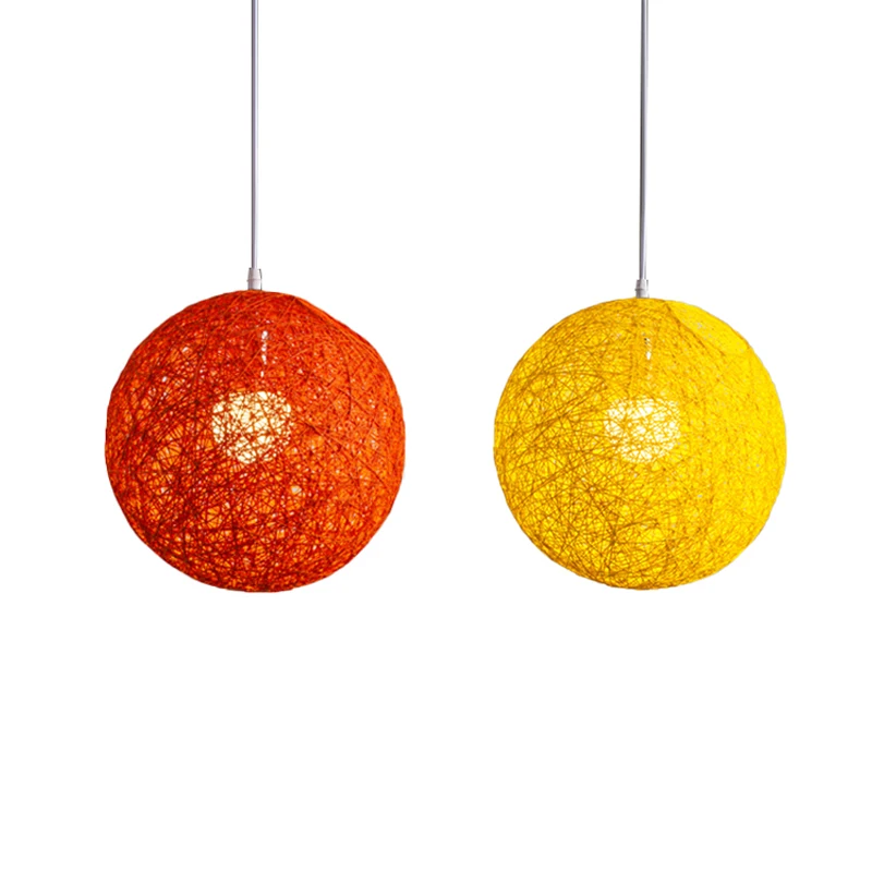 

2 Pcs Bamboo, Rattan and Hemp Ball Chandelier Individual Creativity Spherical Rattan Nest Lampshade - Orange & Yellow