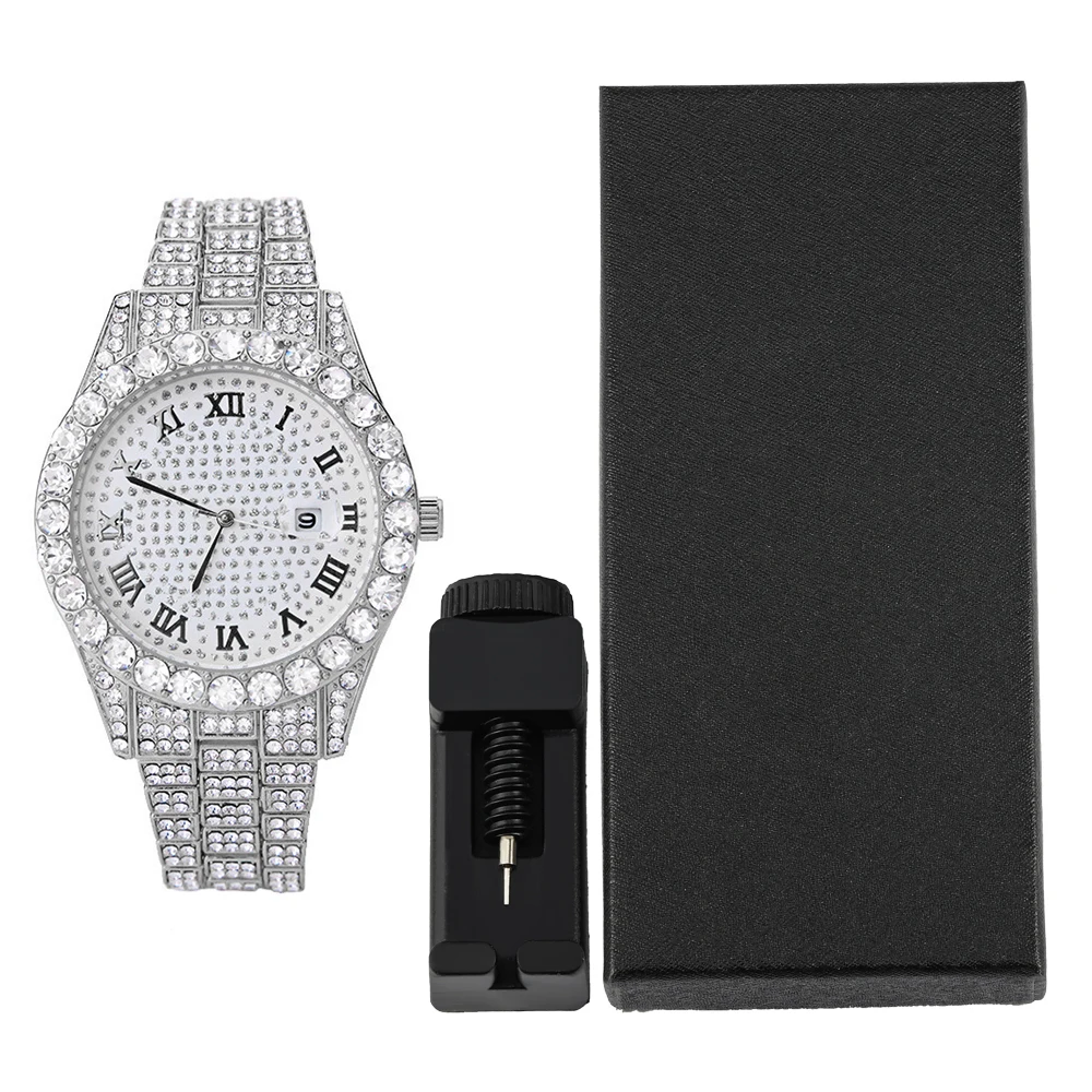 Hip-hop Punk Quartz Watch Stylish Full Diamonds Watch 2 Styles to Choose Bundled Size Adjuster Men Women Party Jewelry Gift Box 5