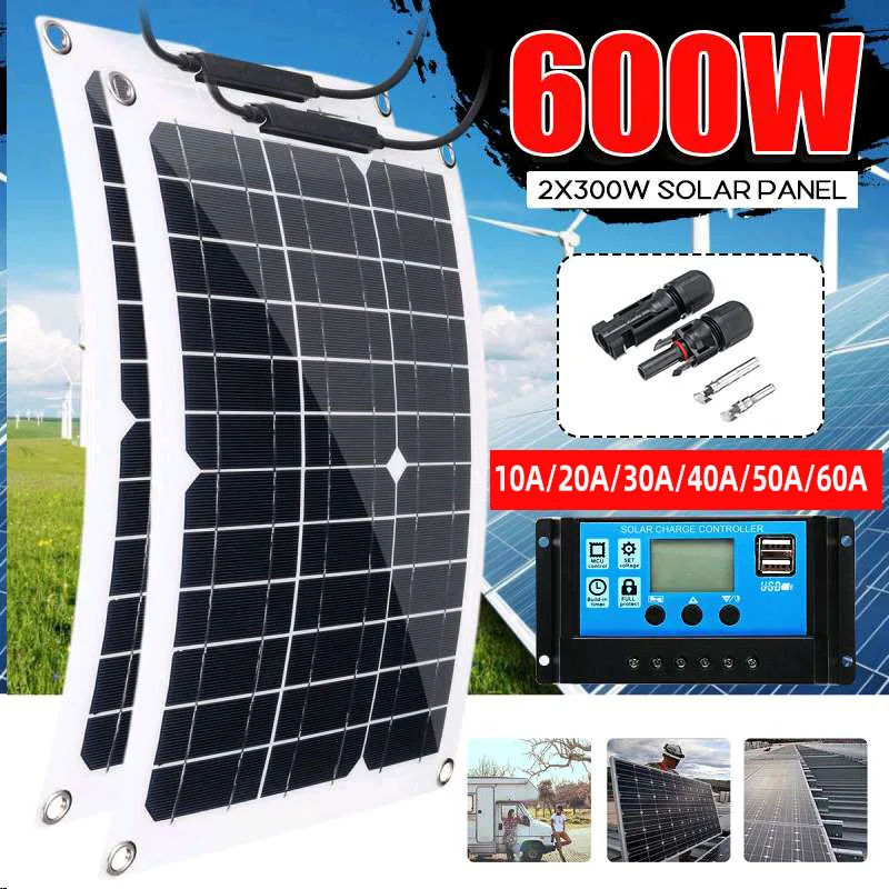 

Panels solar 300w 600W Flexible Solar Panel Kit With 10A 20A 30A 40A 50A 60A Charge Controller Solar Panels for Car Yacht Boat