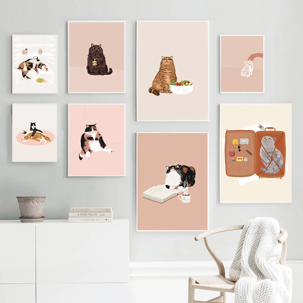Funny Pet Cat Eat Food Poster And Print Animals Illustration Canvas Cats Lover Gift Pictures Home Decor Painting For Living Room