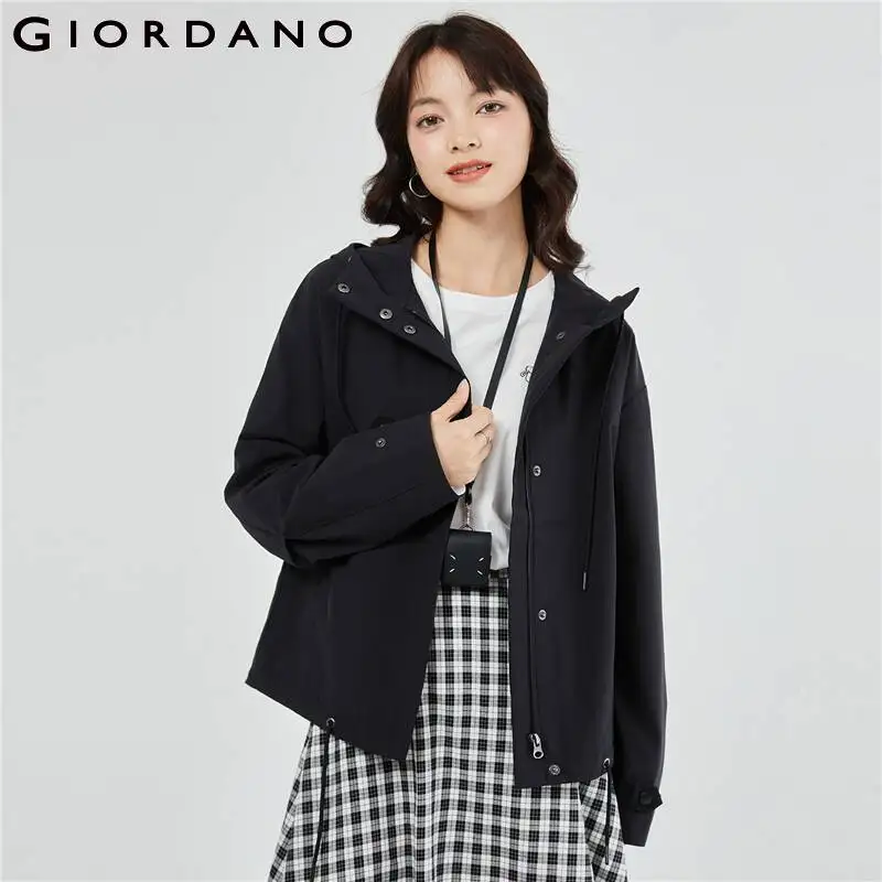 

GIORDANO Women Jackets Pleated Sleeve Loose Windbreakers Zip Front Solid Color Simple Fashion Casual Hooded Jackets 05373722