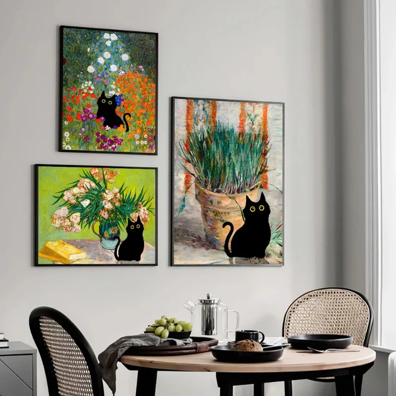 Van Gogh & Monet Inspired Cat Canvas: Starry Night and Sunflowers Wall Art