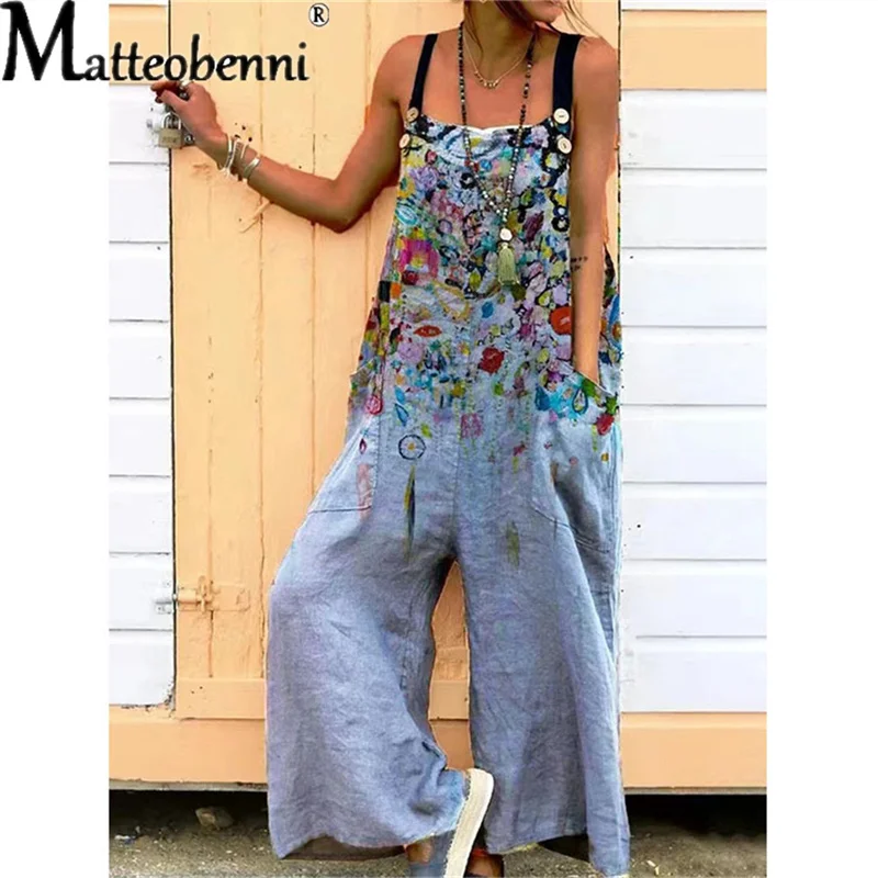 2022 New Women Sleeveless Overalls Jumpsuit Casual Print Summer Wide Leg Bib Pants Women Loose Street Style Onesie Bodysuits