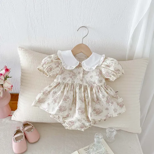 Summer Baby Girl Clothes Newborn Romper Peter Pan Collar Floral Cotton Short Sleeve Baby Bodysuit 0-24 Months 1