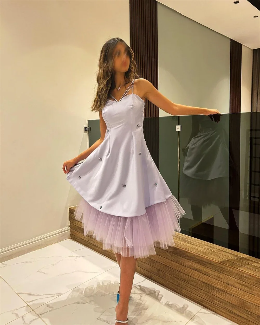 

TaoYao Light Purple Tulle Satin Short Prom Dresses Spaghetti A Line Tulle Hem Knee-length Women Evening Party Ball Gown 2023