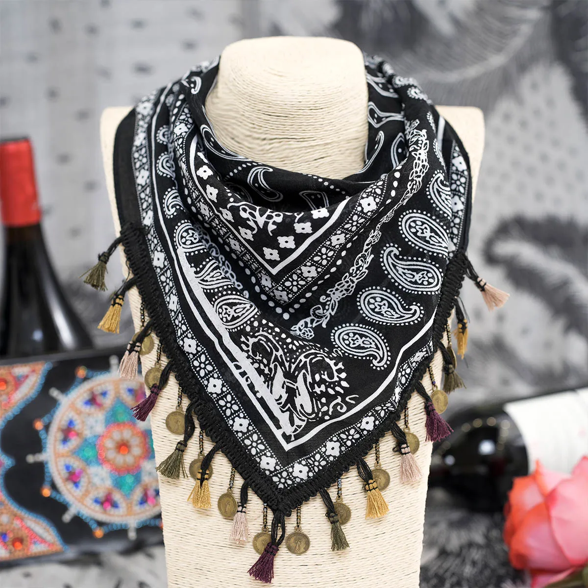 Women Bandana Square Scarf Shell Metal Copper Sheet Pendant Tassel Cashew Print