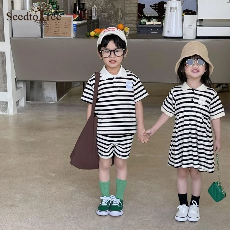 

Summer Casual Children's Sets 1-6Y Boys Girls Stripe Turndown Collar Short Sleeve T-Shirt Shorts Two Pieces Suit Kids