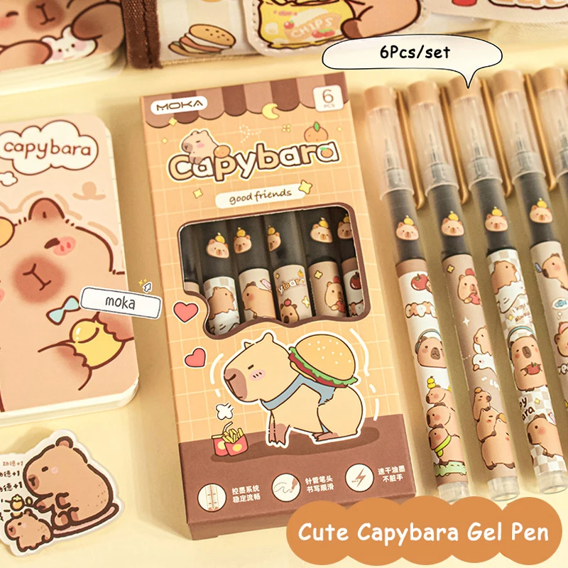 6Pcs Kawaii Capybara Gel Pens Writing Smooth Black Ink Pens Office Accessories School Student Teacher Gift Aesthetic Stationery - 5