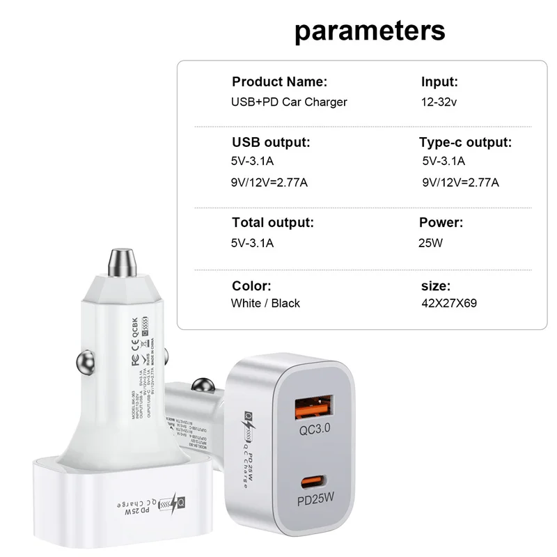 Square USB Car Charger Quick Charge QC3.0 PD25W Type C 25W Fast Charging for iPhone Xiaomi Mobile Phone