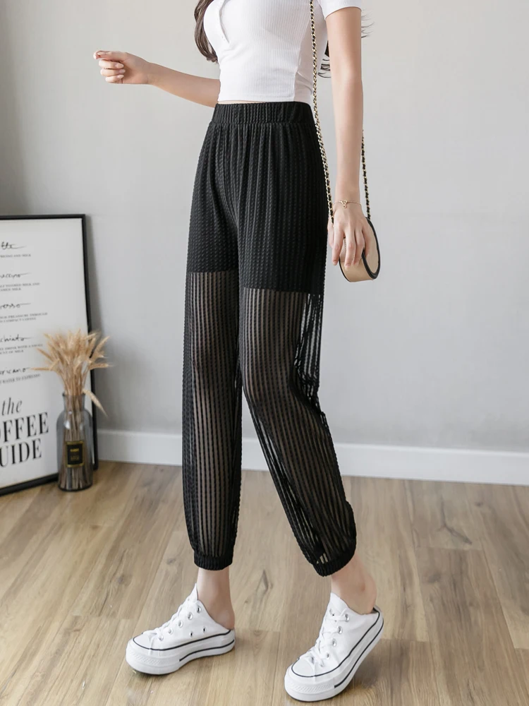 

Mesh Harem Pants 2023 Summer Women's Thin Personalized Hollow Elastic Waist Cropped Bloomers Cool Mosquito Proof Casual Leggings