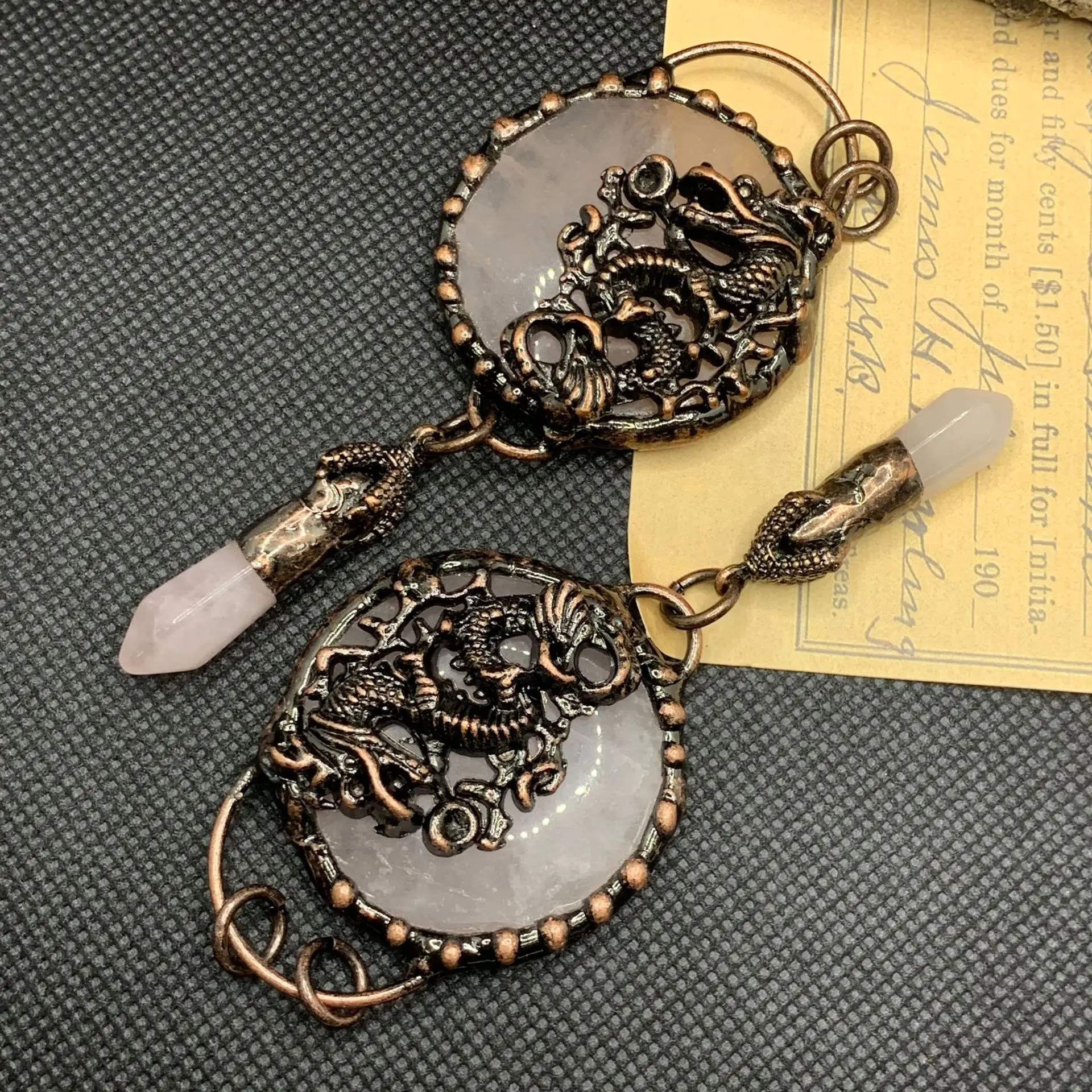 Natural Stone Antique Bronze Pendants Healing Crystal Amethysts Vintage Necklace Skull Snake Dragon Charms for Jewelry Making