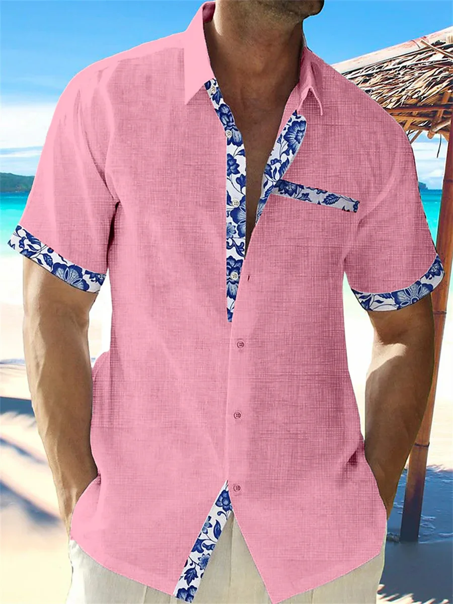 2023 Summer Fashion Men's Hawaiian Linen Shirt Men's Casual Blue
