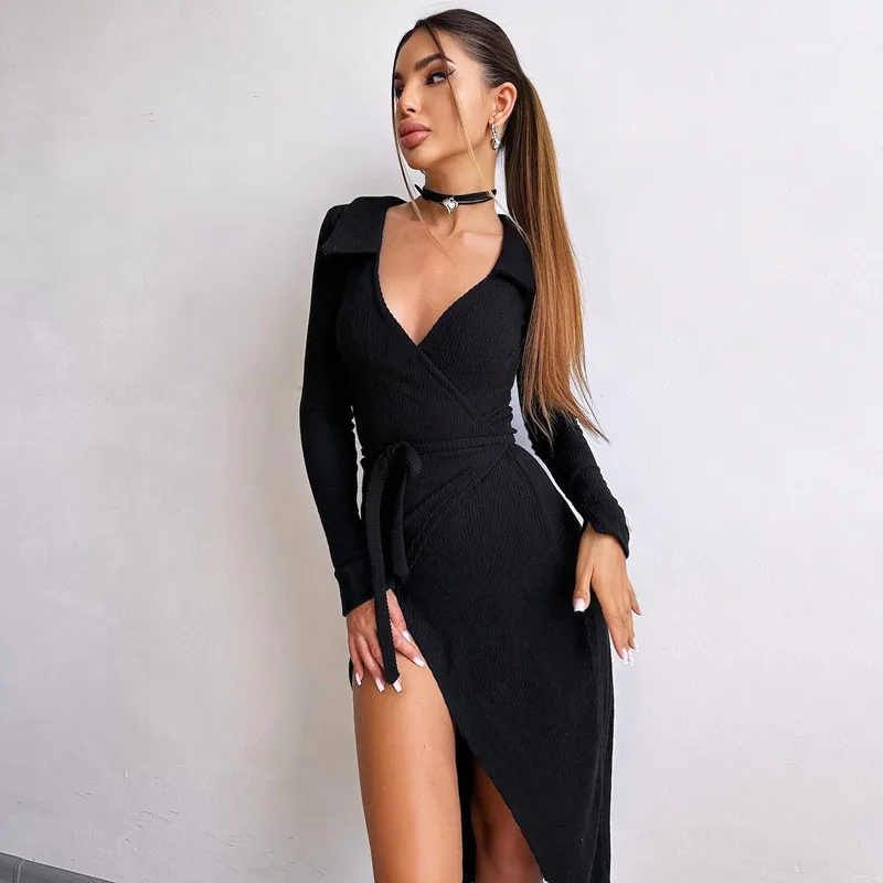 High Waist Lace-Up V-Neck Maxi Dress For Women Patchwork Fashion Drawstring Elegant Bandage Dress Y2k Sexy Long Dress