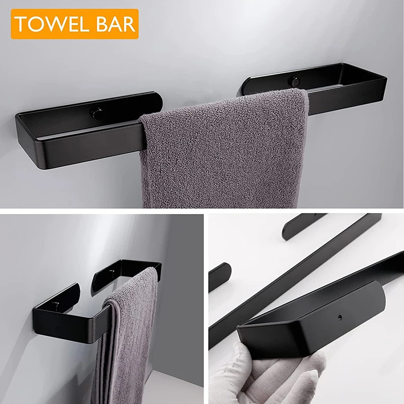No Drilling Aluminum Towel Bar Self-adhesive Toilet Paper Holder Rack No Punch Robe Hook Storage Shelf Bathroom Accessories Set