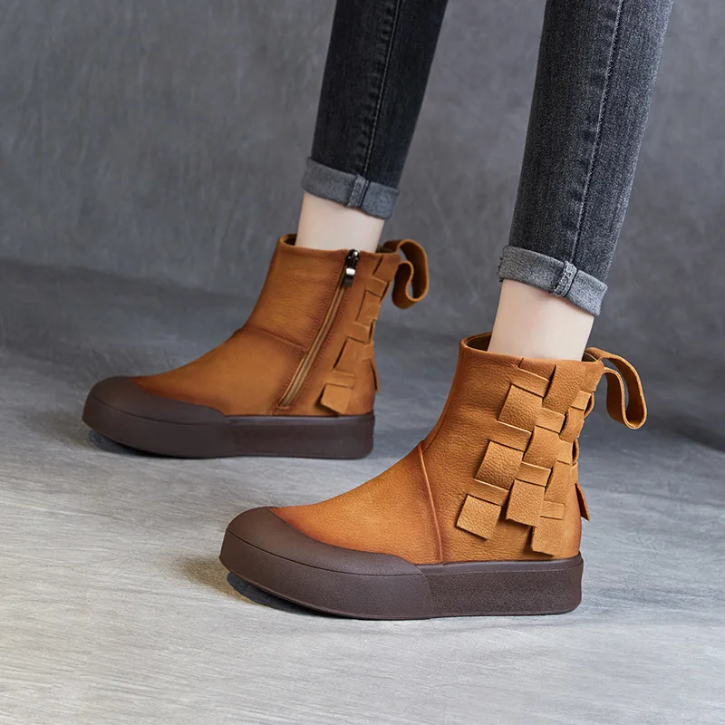 

Birkuir Genuine Leather Woven Flat Soled Boots For Women Weave Round Toe Side Zip Ankle Boots Luxury Shoes Ladies Short Boots