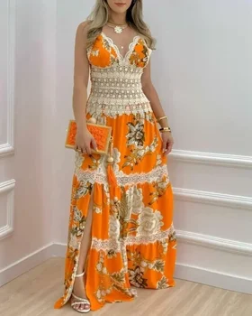 2025 Abiti africani per le donne Abito lungo sexy in pizzo Abito estivo sottile senza schienale Elegante abito scampanato con stampa di moda Abbigliamento africano 1