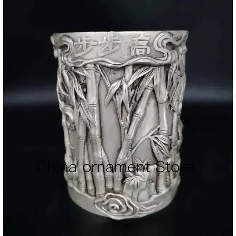 

China White copper archaize bamboo Pen holder crafts statue