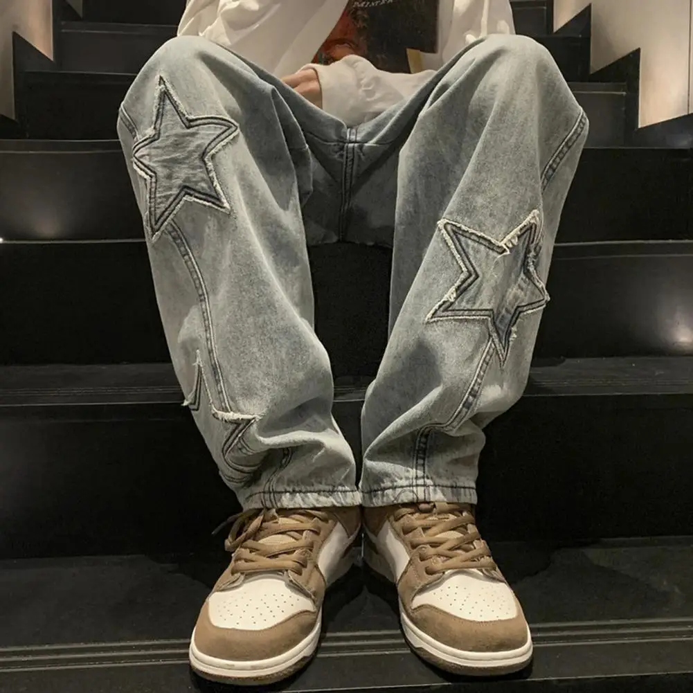 

Джинсы мужские джинсовые в стиле оверсайз, винтажные брюки из денима с широкими штанинами, с узором в виде звезд, уличная одежда в Корейском стиле