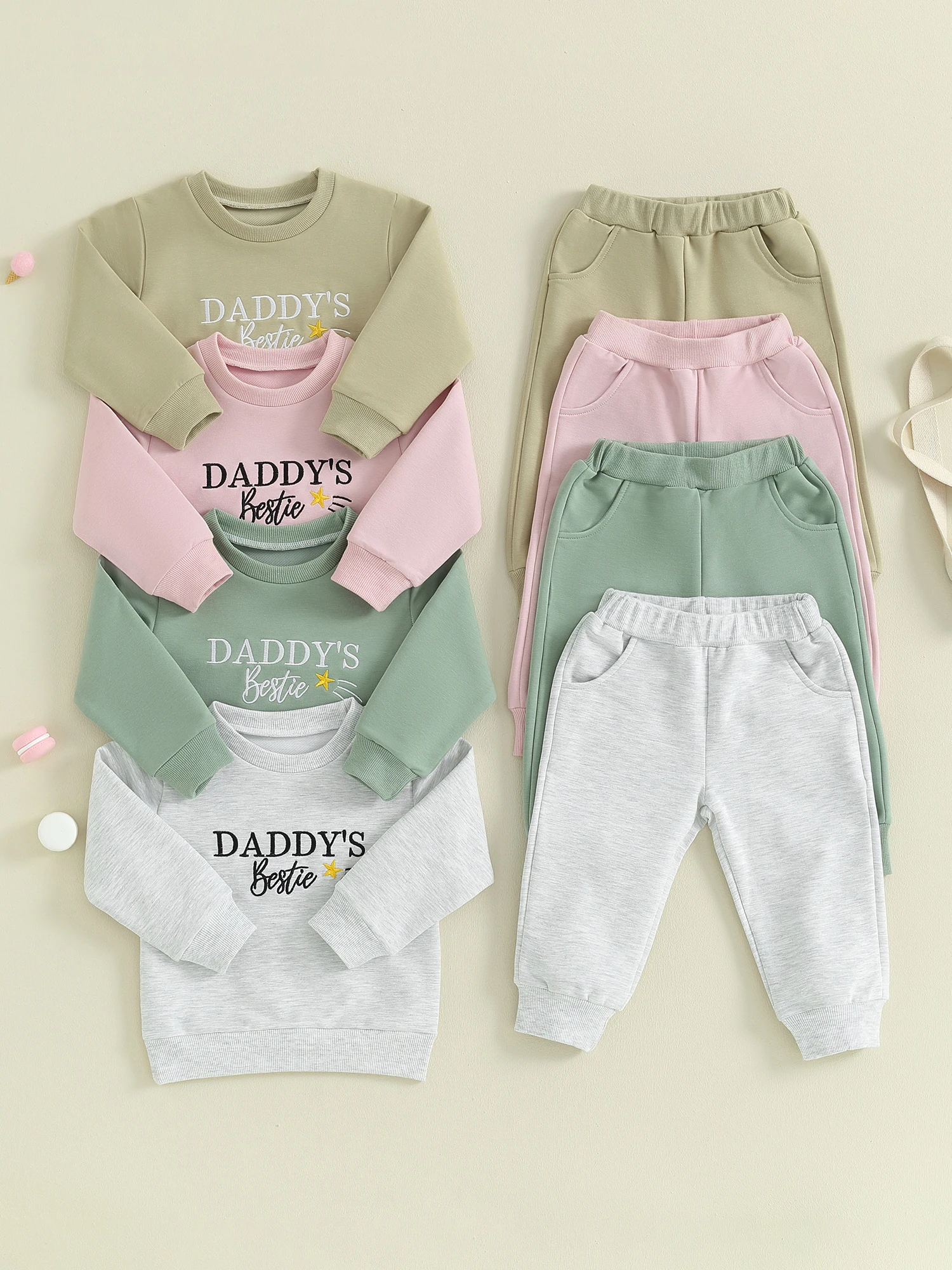 

Комплект детских брюк, спортивные брюки с длинным рукавом, вышивкой и круглым вырезом, с эластичным поясом, комплект из 2 предметов для девочек и мальчиков