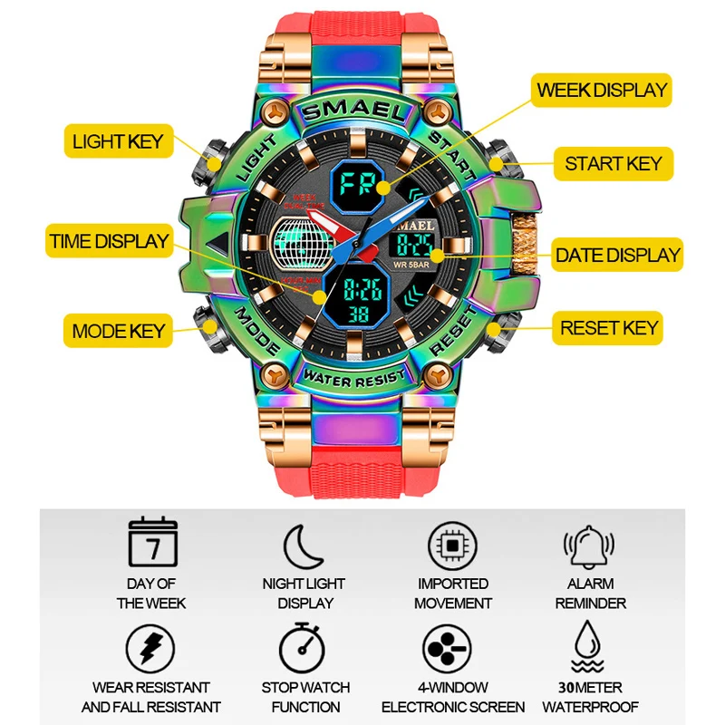 Colorful Quartz Watch For Men Smael Analog Digitals Sports Wristwatch Waterproof Multi Function Digital Military Watches Male, Alina Gadgets