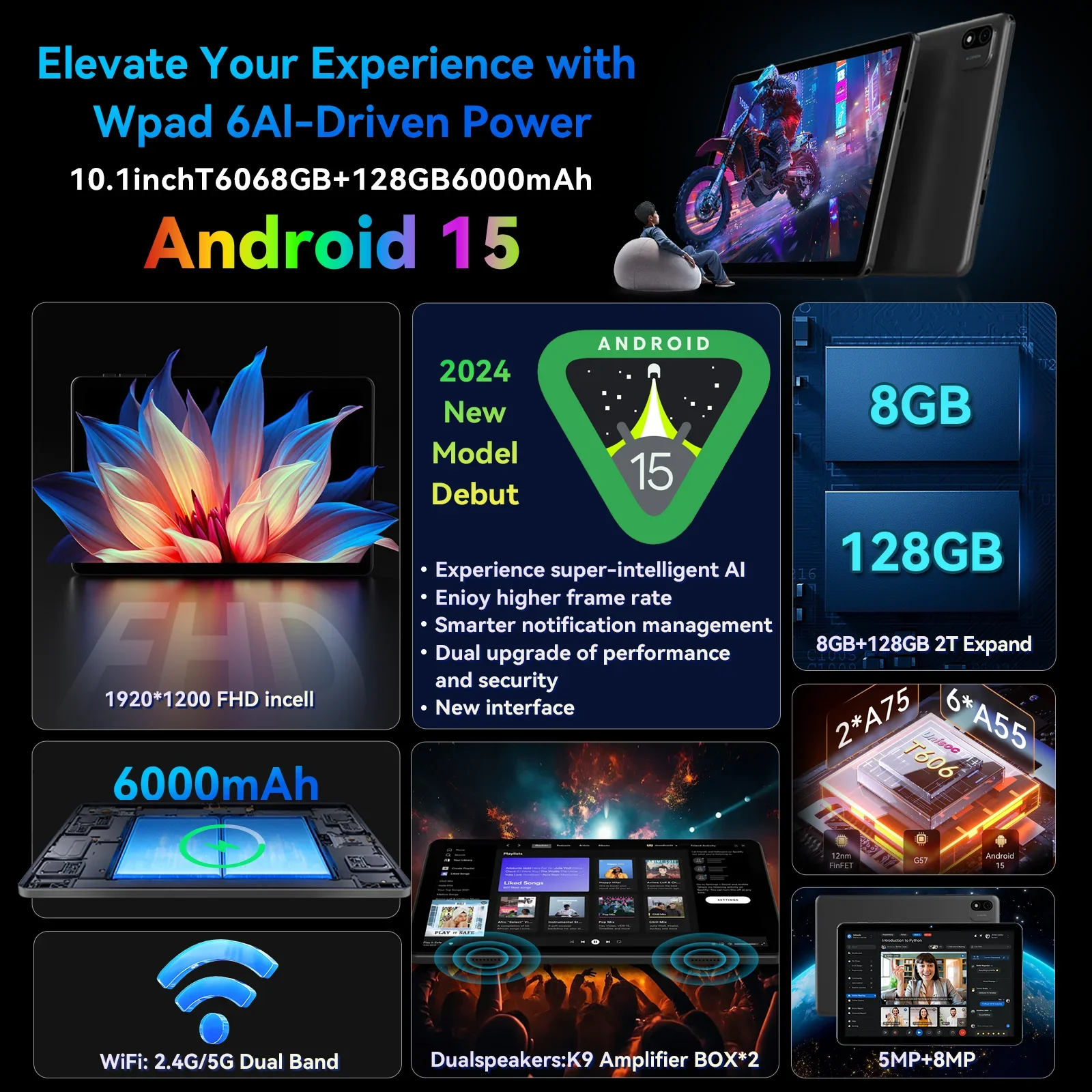 Headwolf WPad6 Android 15 WiFi タブレット 10.1 インチ FHD 1920