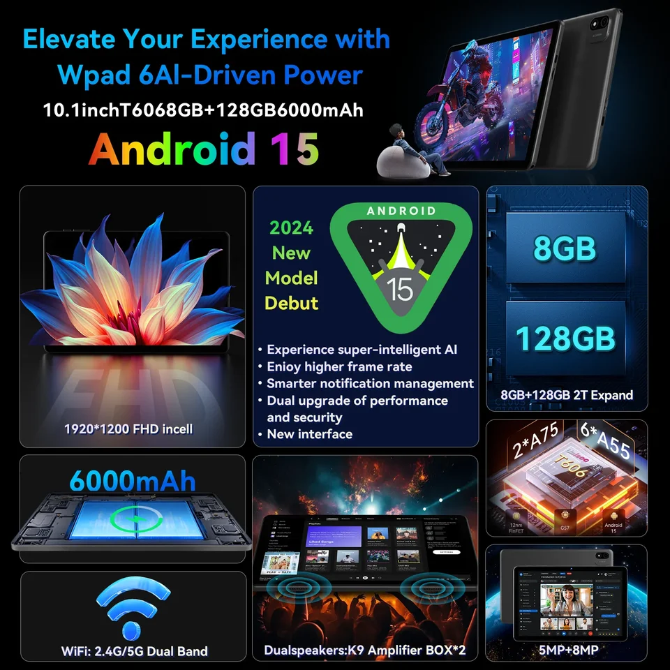 Headwolf WPad6 Android 15 WiFi タブレット 10.1 インチ FHD 1920