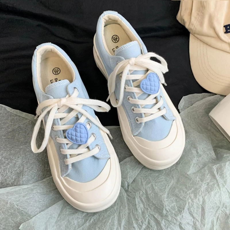Fashion Solid Canvas Sneakers Femme Blue Heart Patchwork Zapatillas Mujer Spring Casual Ladies Footwear 2021 Autumn Shoes Woman