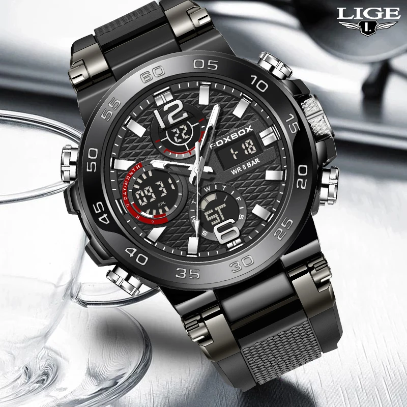 LIGE 2023 NEW Men Watches Quartz Top Brand Luxury Digital Male Clock Military Sport Original Genuine Silicone Classic Wristwatch