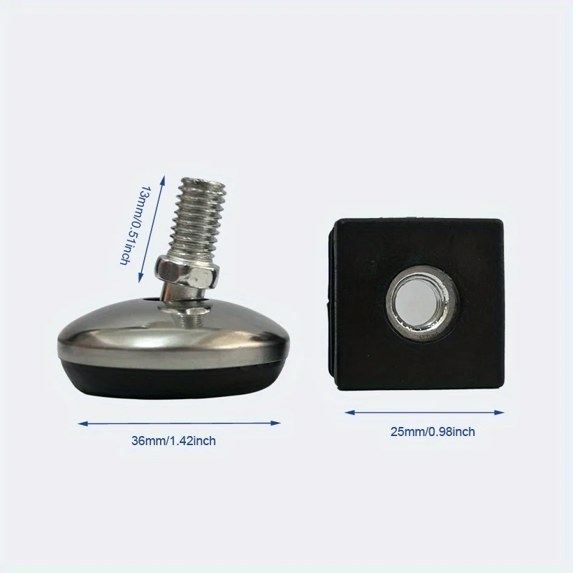 25mm furniture pipe end caps with M8 *13*40 stainless steel swing adjustment feet, 25mm square PE pipes inserted into nut plugs