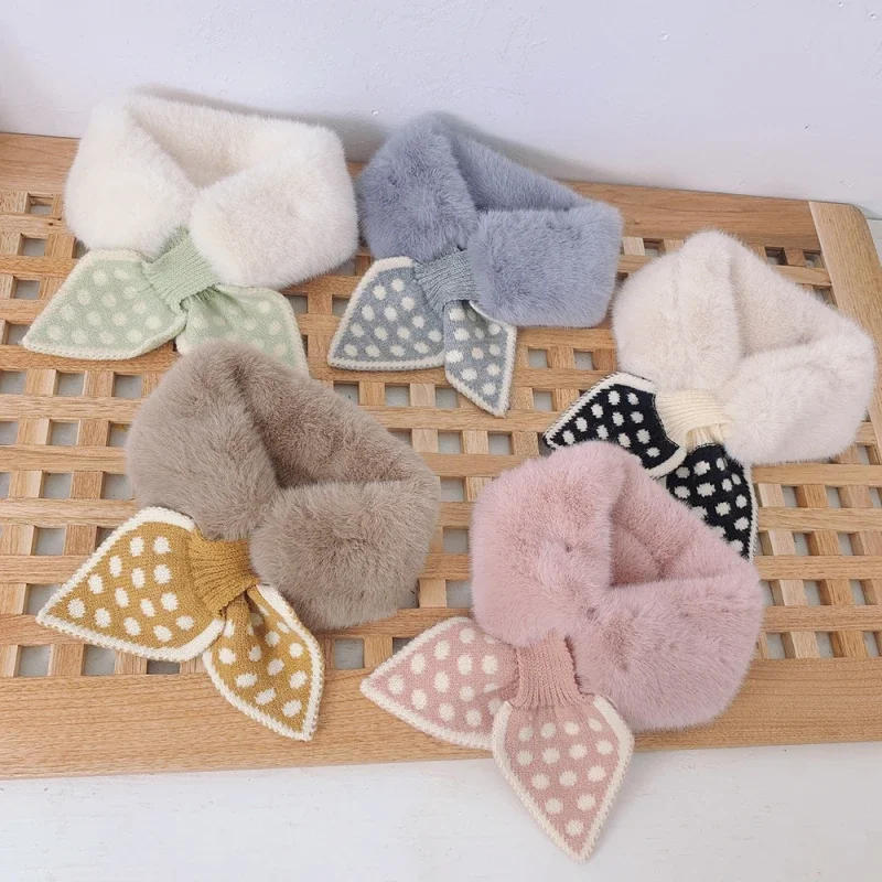 Fashion Children Girl Artificial Leather Winter Sweet Scarf Plush Polka Dot Kids Korean Girl Knit Scarf For Baby