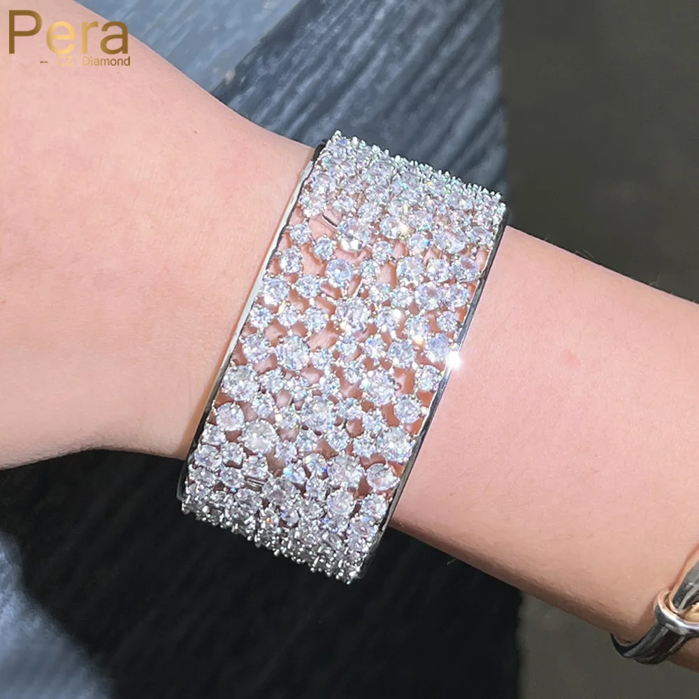 

Pera Gorgeous White Cubic Zircon Silver Color Large Wide Chain Bangles Bracelet for Women Luxury Banquet Party Hand Jewelry Z059