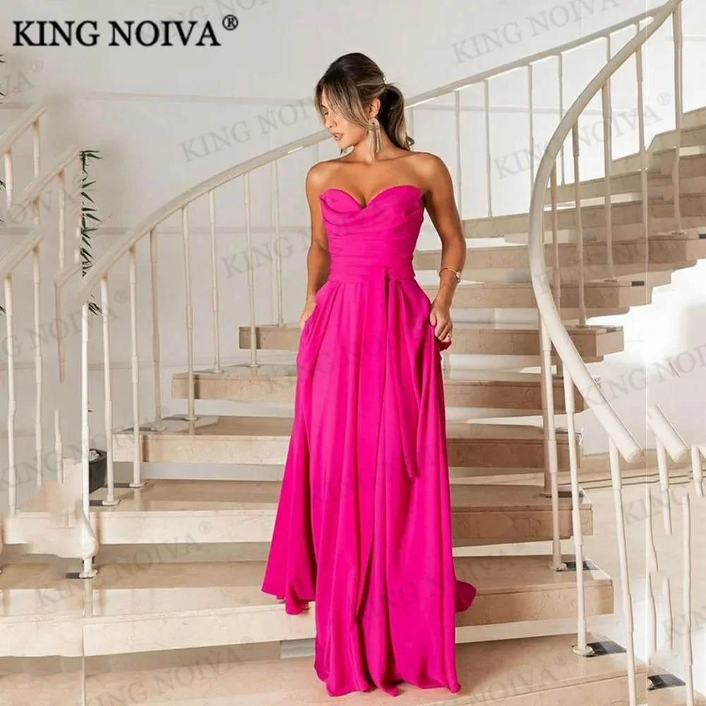 

KING Elegant Strapless Sleeveless A-Line Satin Evening Dresses 2024 Backless Pleat Floor-Length Simple Prom Dress robe de soiréé