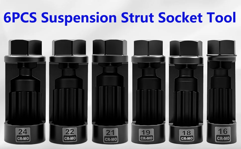 6-teiliges Federbeinmutter-Hülsen-Set, 18 mm, 19 mm, 21 mm, 22 mm, 24 mm, zum Entfernen und Einsetzen von Stoßdämpfer-Federbeinmuttern. – Detail 2